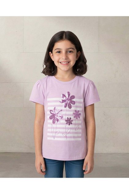 Girls Lilac Floral Rhinestone Embellished Tee