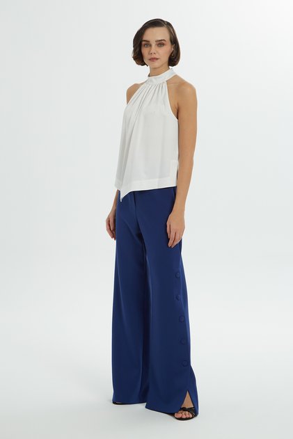 Halter Yakalı Yanları Yırtmaçlı Saten Bluz