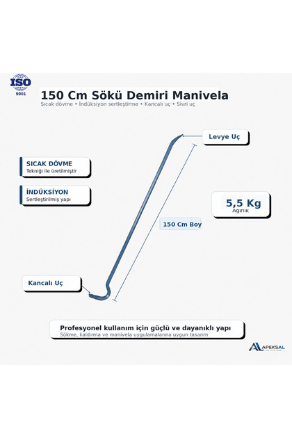Apeksal 150 Cm Sökü Demiri Manivela Dövme Çelik 5,5 Kg Kancalı
