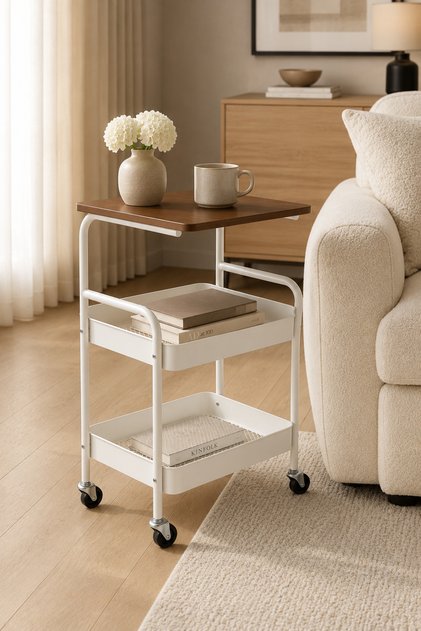 2-Tier Rolling Bedside Table with Wooden Top – Mobile Nightstand Cart with Storage for Bedroom Use