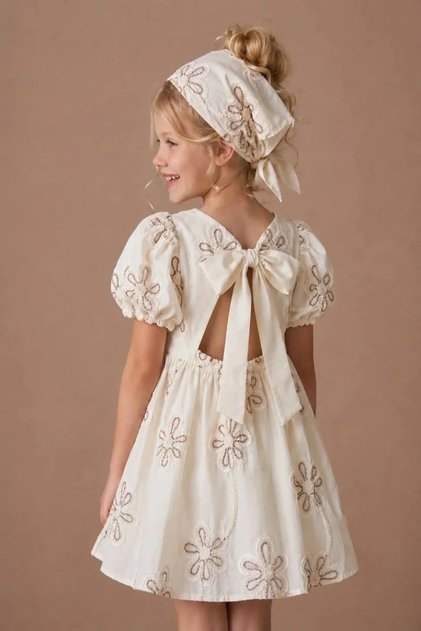 Girl's Embroidered Beige Dress (Bandana Included)