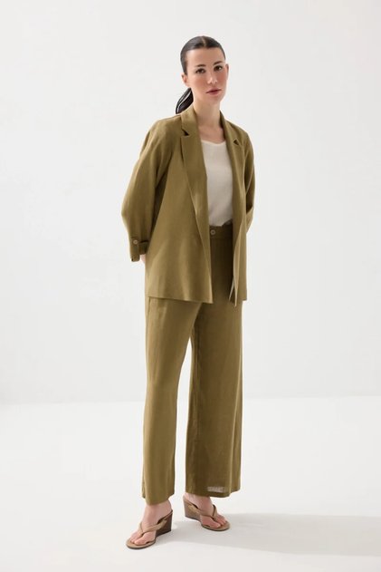 Wide Leg Linen Trousers - Khaki