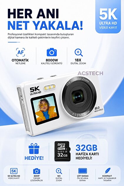 ACSTECH 5K Çift Ekranlı Dijital Fotoğraf Makinesi | 80MP | 18X