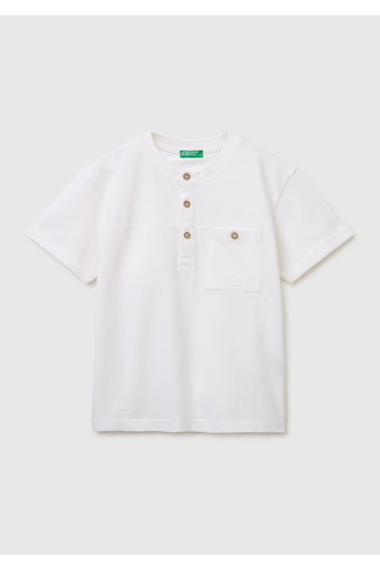 Boy's white henley t-shirt with logo detail, button closure, and pocket.