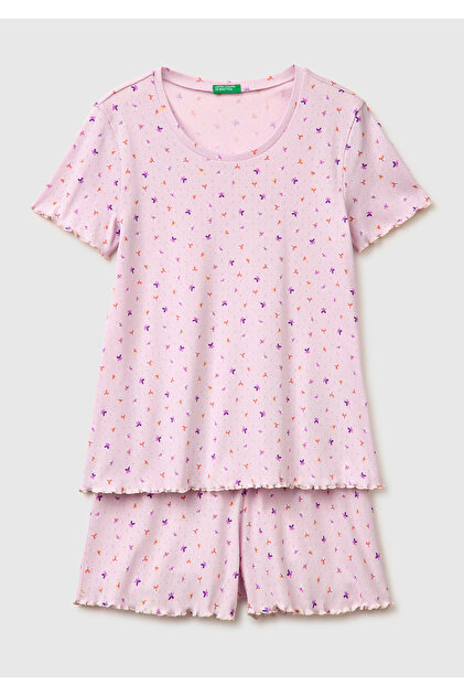 Kadın Pembe %100 Pamuk Fırfır Detaylı Desenli Pijama Takımı