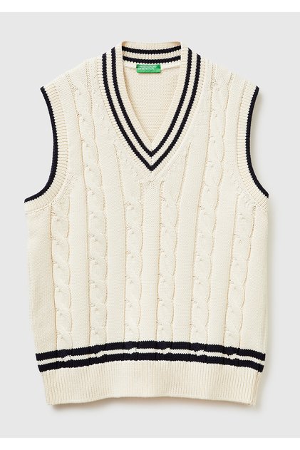 Men's Cream Cotton Blend Contrast Color V-Neck Sweater