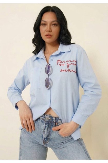 Women's Embroidery Detailed Poplin Fabric Oversize Shirt (with Text and Heart Embroidery)
