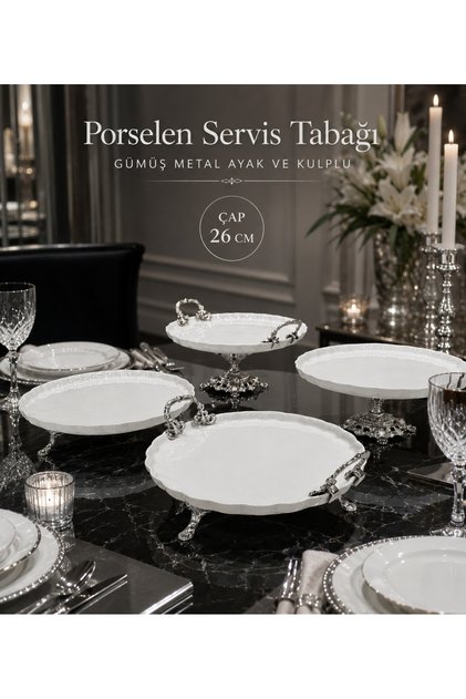 4 Parça Porselen Sunum Seti Gold /gümüşMetal Ayaklı Krem/Kırık Beyaz Servis ve Sunum Tabağı Seti