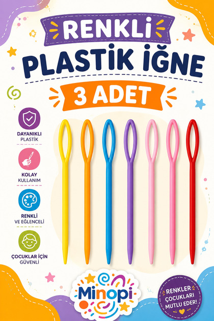 ( 3 Adet ) Renkli Plastik Yün İğnesi 9 cm Örgü Dikme İplik İğnesi