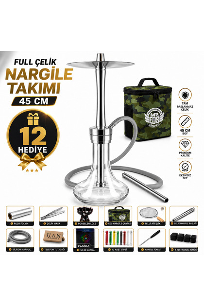 Paslanmaz Çelik Nargile Takımı Cam Şişeli Premium Nargile Seti Silikon Marpuçlu 11 Parça Hediyeli