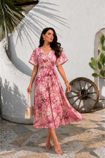Rochie de damă, lungă, cu imprimeu, cu mânecă scurtă, cu curea, cu decolteu dublu, rochie de vară din viscoză
