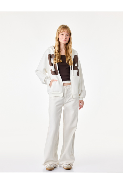 Printed Sweatshirt with Raised Long Sleeves, Kangaroo Pockets, Hood and Zipper
