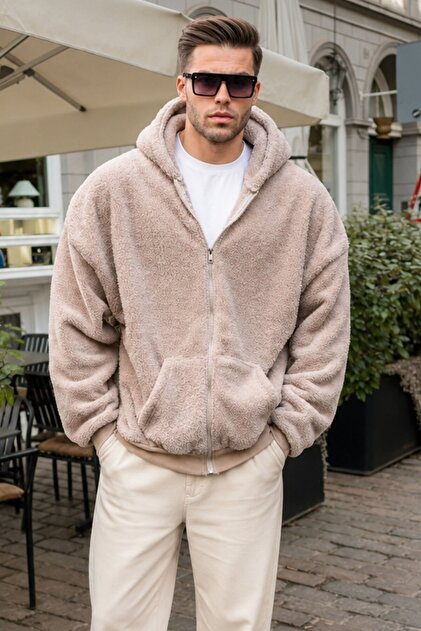 Madmext Bej Peluş Over Fit Kapüşonlu Fermuarlı Erkek Sweatshirt