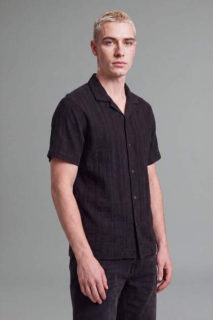 100% Cotton Regular Fit ApaÅŸ Collar Short Sleeve Black Shirt G5855Ax26Sm