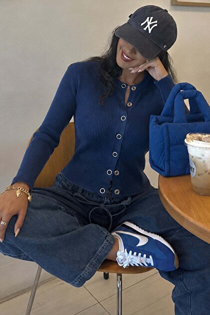 Indigo Snap Closure Knitwear Women's Cardigan Mg2579