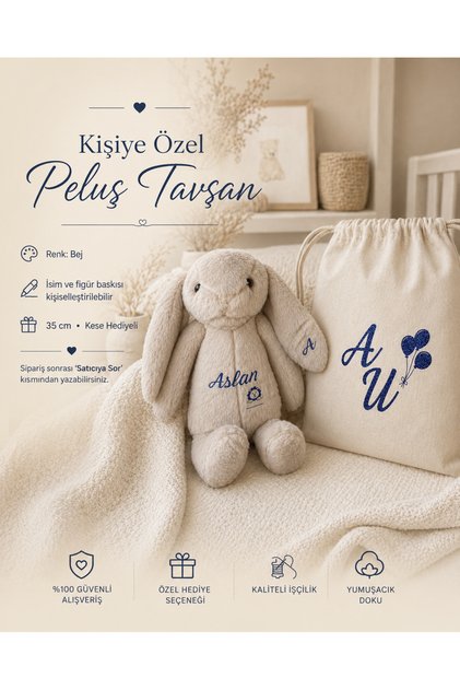 Kişiye Özel İsimli Peluş Tavşan Uyku Arkadaşı 35 cm Kese Hediyeli Bebek Hediyesi - Bej