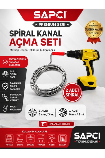 Premium Özel Seri Matkap Ucu Lavabo , Gider , Boru ve Tıkanıklık Açma Spirali 3 Metre 2 Adet Susta