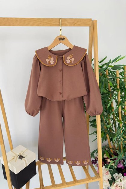 Miniğimin Cicileri Collar Embroidery Detail Girls' Long Shirt Set - Brown