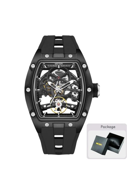 black MEGIR Fashion Leisure Alloy Case Men Mechanical Watch Silicone Band Barrel Shaped Dial Luminou