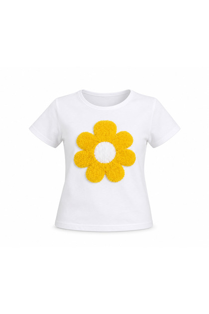 Girl's White T-Shirt with Yellow Flower Detail, Cotton – Ages 3-14