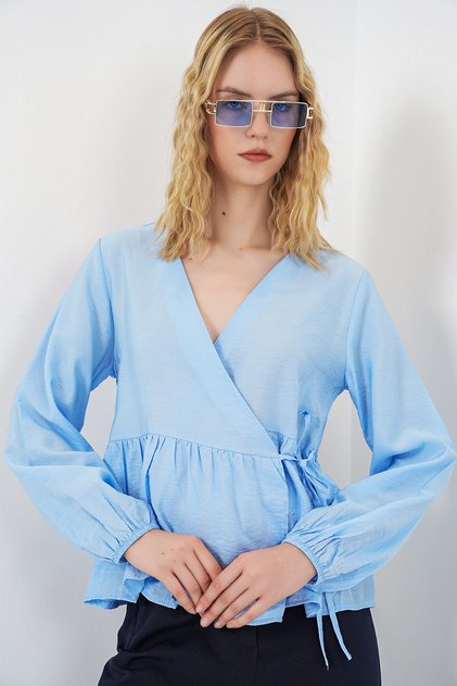 Women's Side-Tie Long Sleeve Blouse 996 - Blue