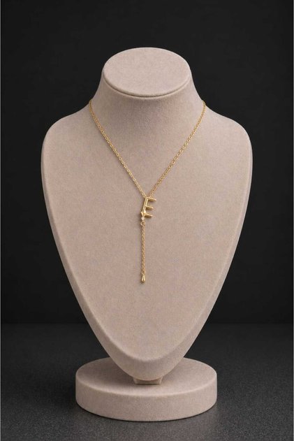 Women's Gold Letter Pendant Necklace with Dangling Chain and Stone Detail