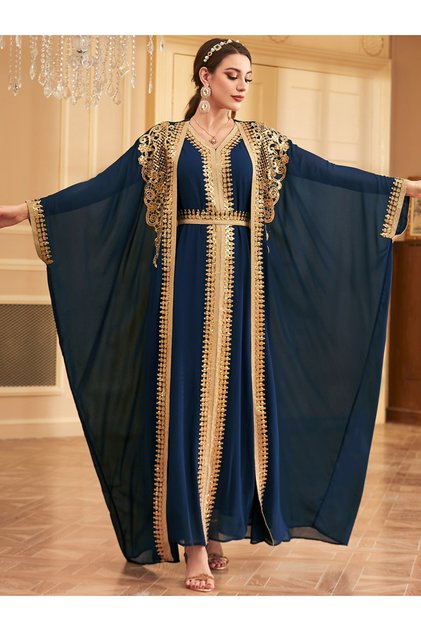 Navy Blue Sequin Patch Belted Dress with Kimono Set