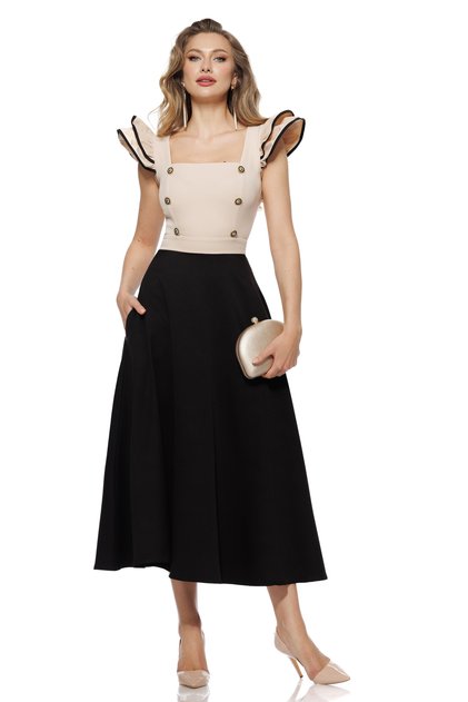 Rochie eleganta midi, bej cu negru, volane umeri si nasturi piept