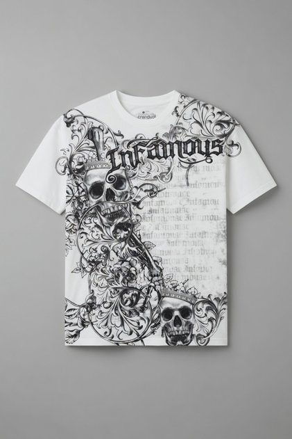 Infamous Kurukafa Baskılı Gotik Streetwear Barok Tişört