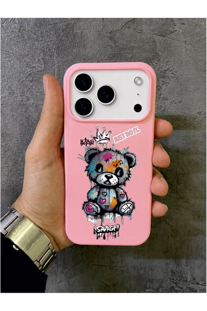 iPhone 17 Pro Max - 18 Pro Max Compatible Graffiti Bear Pattern Pink Case