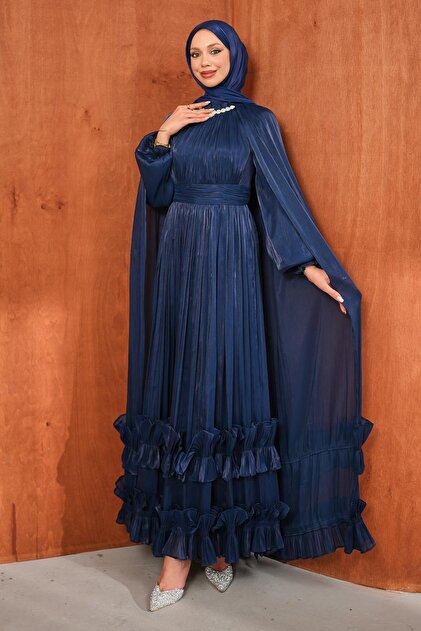 blue prom dress with lace sleeves Joseph Ribkoff Ocean Blue Cape Dress Style 242731  DECABANA