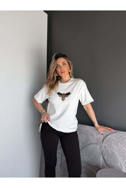 Beyaz Arı İşlemeli Cotton Tshirt