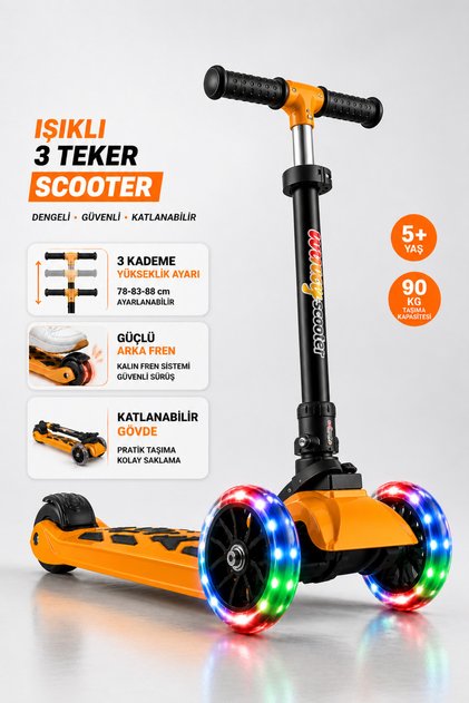 LED Işıklı 3 Tekerlekli Twist Çocuk Scooter – Katlanabilir, Ayarlanabilir Gidon (78-83-88 cm), Güçlü Arka Fren, Dengeli Sürüş