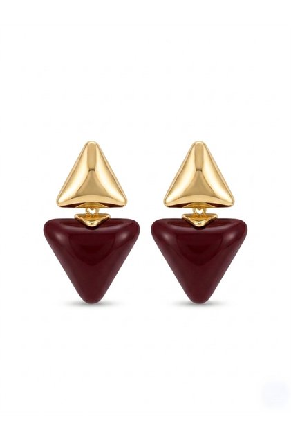 Burgundy Stone Gold Detailed Inverted Triangle Earrings