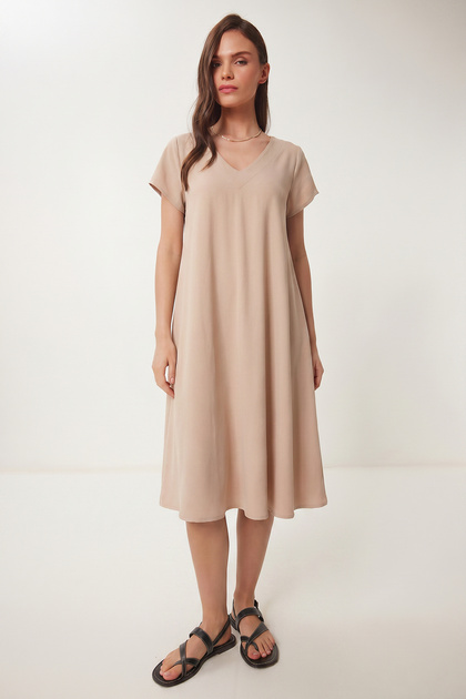 V-Neck Summer Flowy Viscose Dress Len0022 Beige