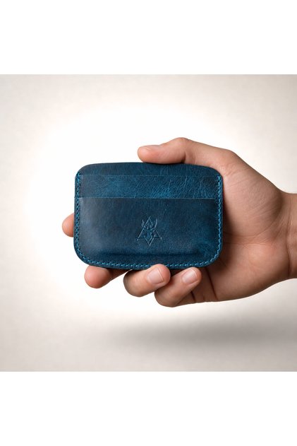 Genuine Leather Card Holder – Minimalist Oval Design – Blue