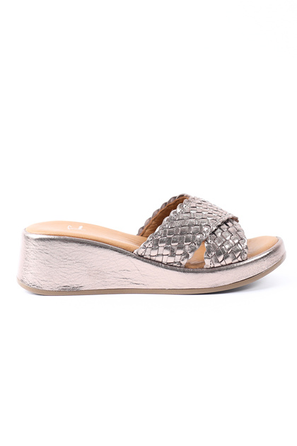 Genuine Leather Copper Knitted Wedge Heel Women's Slippers - Z26229-2