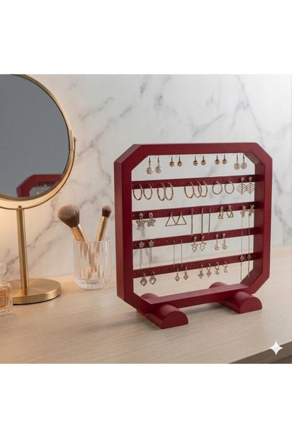 Modern Red Earring Stand, Jewelry Organizer, Jewelry Stand, Necklace Hanger, 4-Compartment Organizer