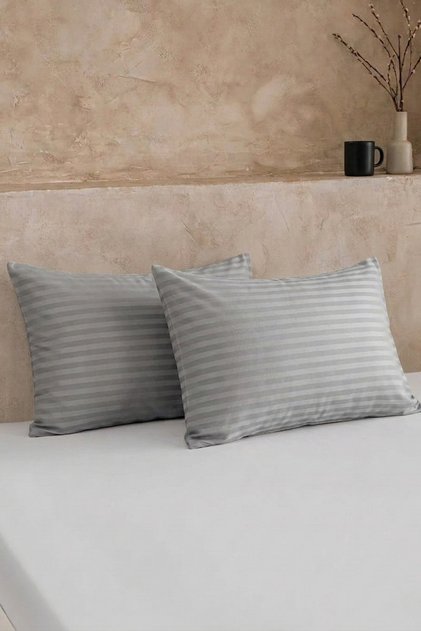 2'li Pamuk Saten Çizgili Yastık Kılıfı Seti - 83 Tel (210 TC) Gri 50x70