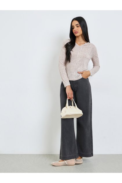 Beige Textured Notch Neck T-Shirt