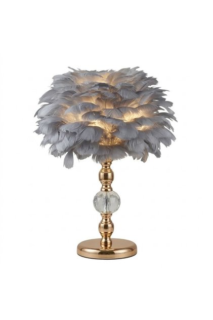 Lampă de masă cu pene gri, cu bază aurie și cristal, lampă de masă decorativă modernă pentru dormitor, living.