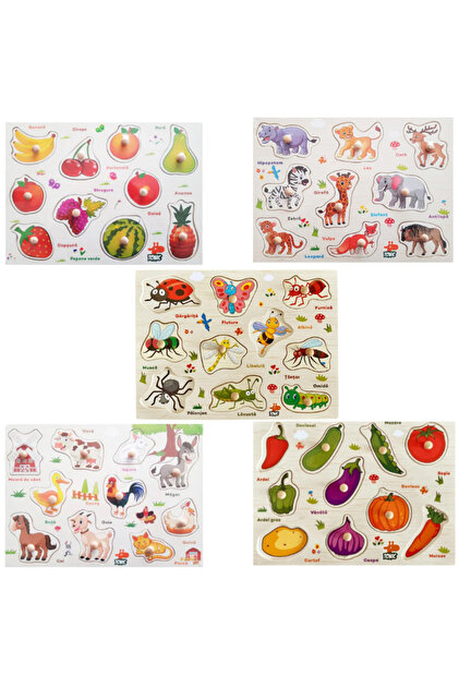 ® Set 5 Puzzle incastru din lemn in limba romana, Joc educativ cu legume, fructe, insecte, animale domestice si salbatice, 49 piese, 3 ani+