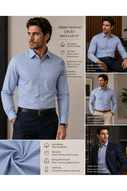 Long Sleeve Regular Fit Striped Filafil Fabric Pocketed Cotton Blend Classic Men's Shirt