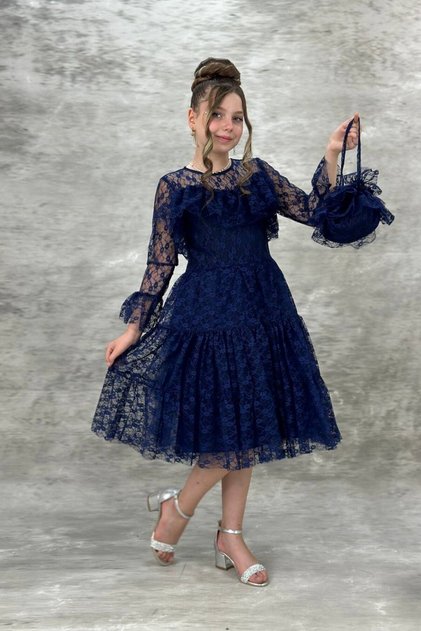 Children's Evening Dress with Lace Bag Graduation Gown Aby257