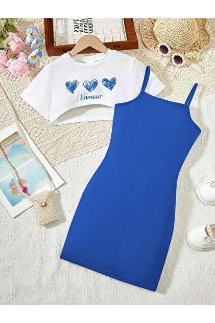 Printed White Crop Colorful Strap Dress Set for Kids