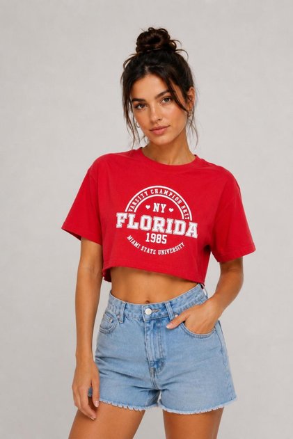 Women's Florida Printed Crop T-Shirt Loose Fit T-Shirt - Red