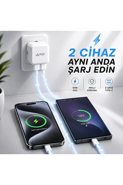 Powerfox with Wopu 50W Süper Hızlı Şarj Adaptörü Çift Type-C PD