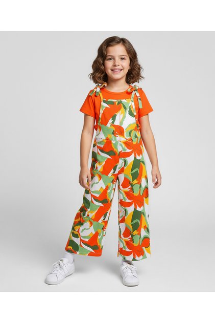 100% Cotton Printed Dungaree & Half Sleeves Inner Top - Multicolour & Orange