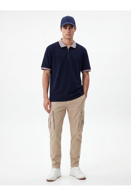 Contrast Detailed Zippered Navy Blue T-Shirt