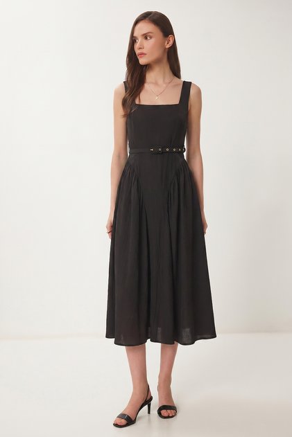Rochie midi de vară cu curea texturată LUB0352 NEGRU